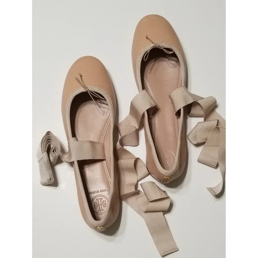 Tory Burch Elodie Lace Up Ankle Wrap Napa Leather Ballet Flat Goan Sand 7 9.5 10